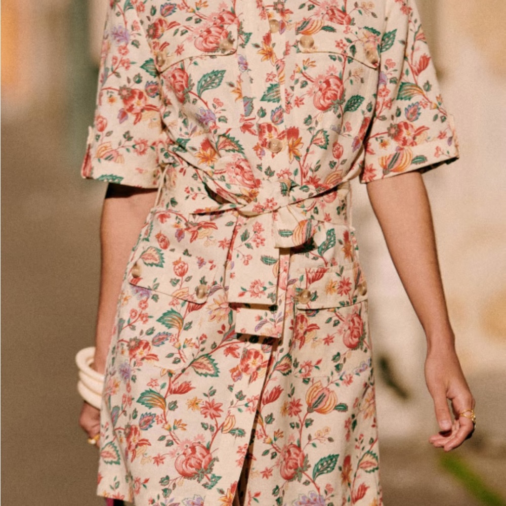 Sezane Floral Print Dress - Cream and Pink